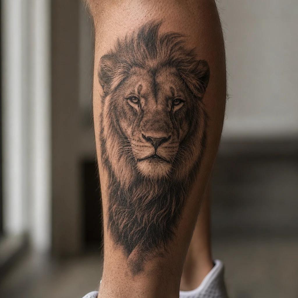 idée tatouage mollet homme lion réaliste mollet