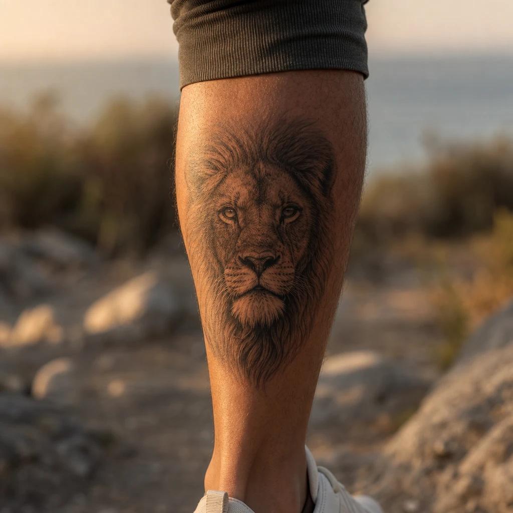 idée tatouage mollet homme lion réaliste mollet