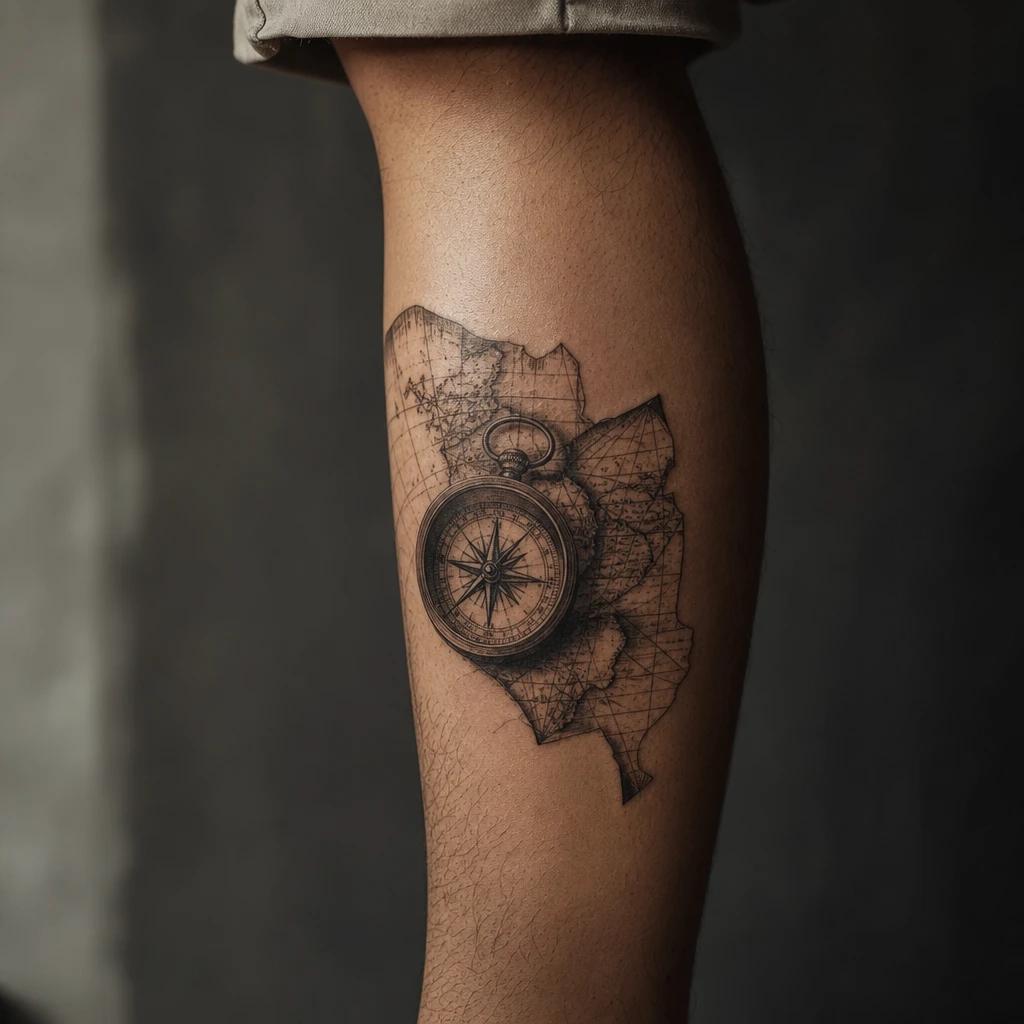 idée tatouage mollet homme boussole et carte