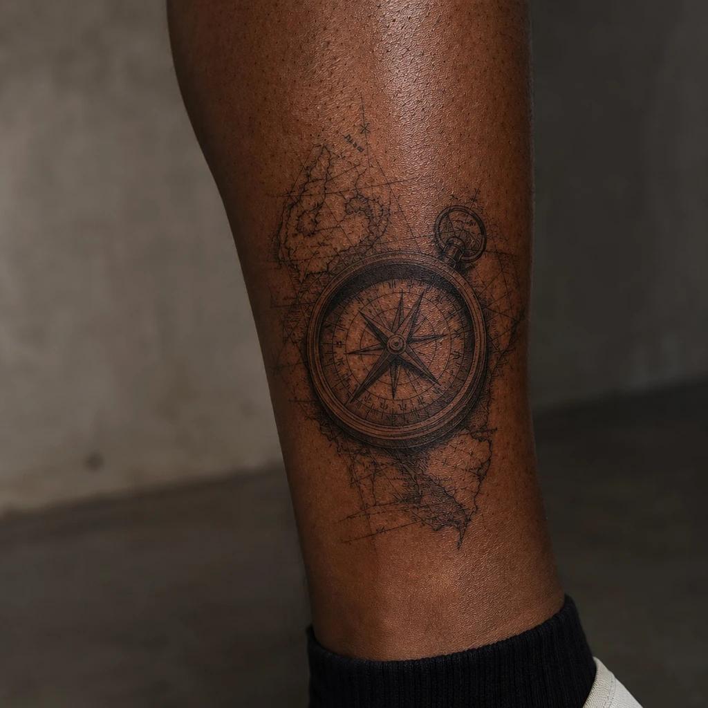 idée tatouage mollet homme boussole et carte