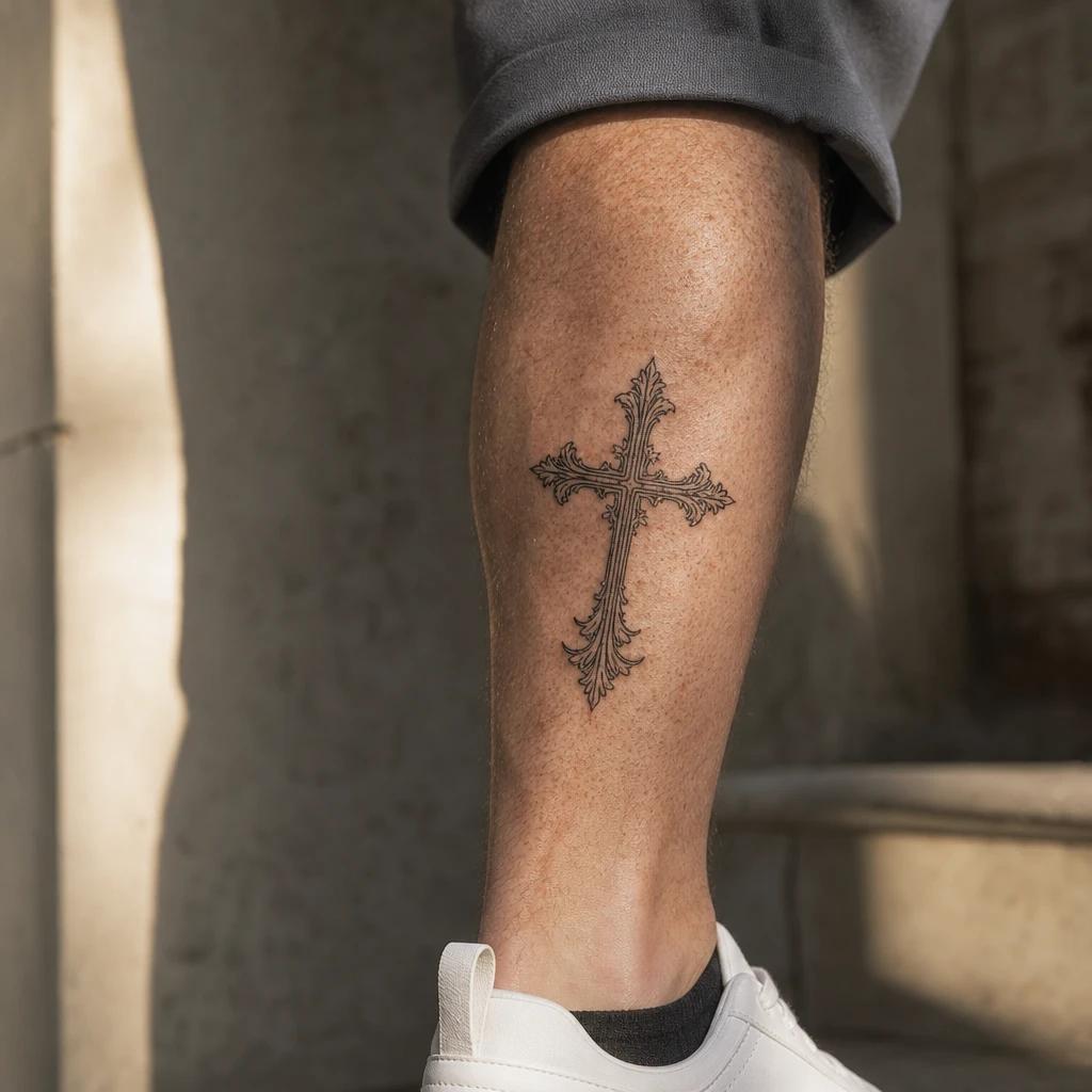 idée tatouage mollet homme croix religieuse