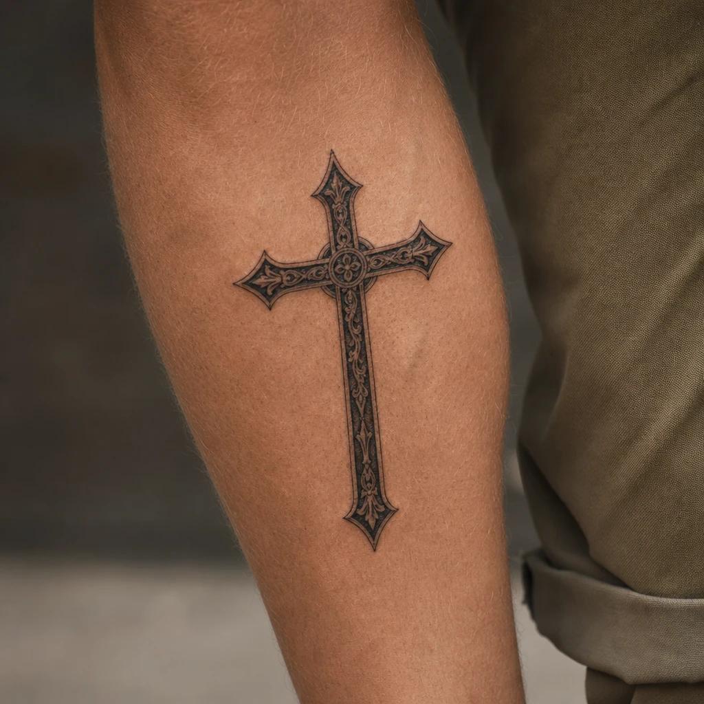 idée tatouage mollet homme croix religieuse