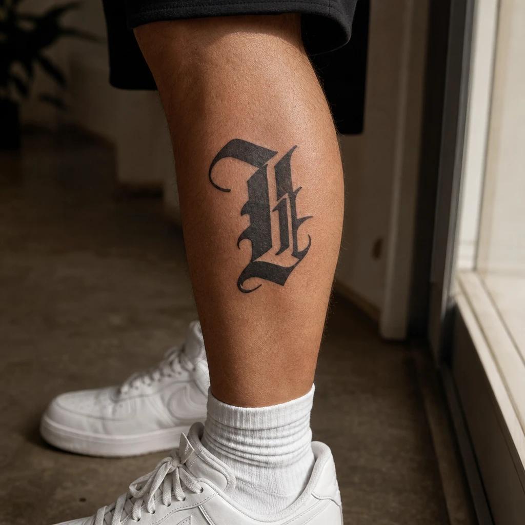 idée tatouage mollet homme lettrage gothique