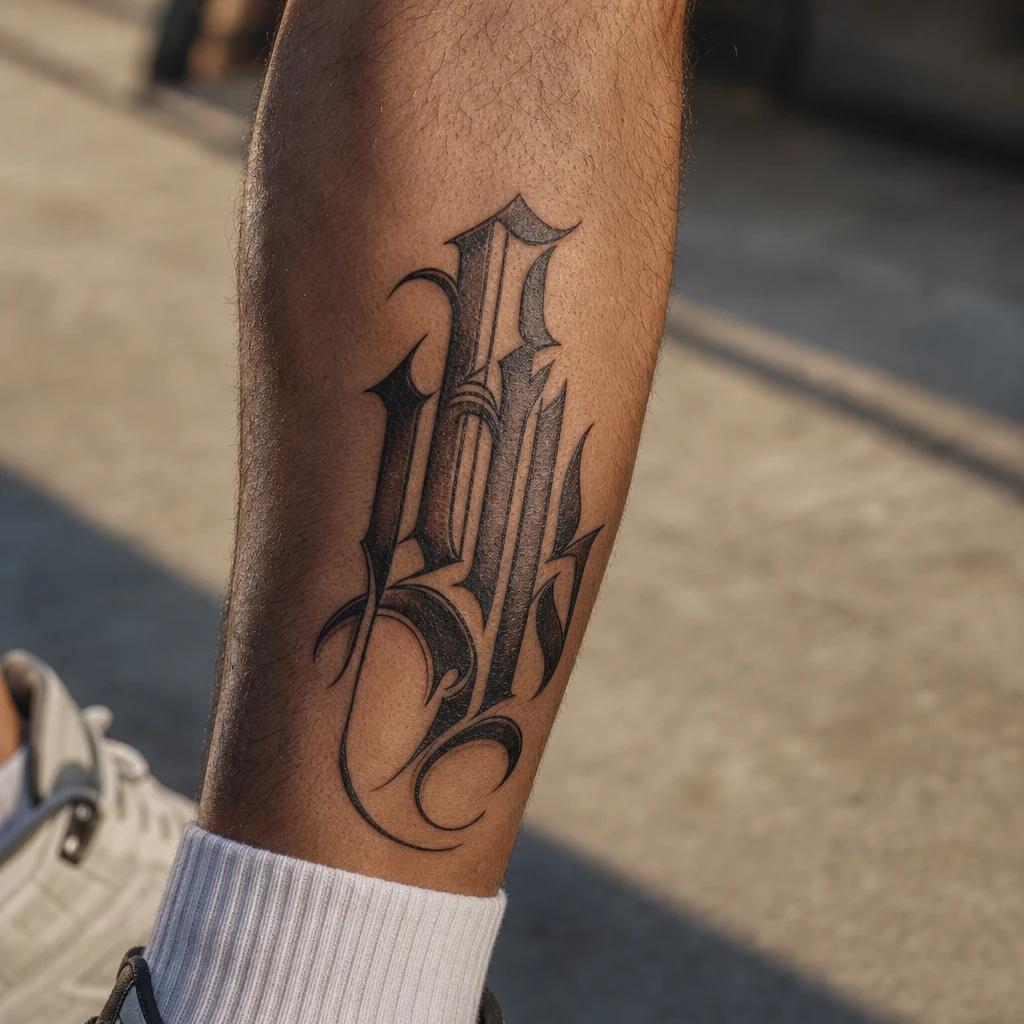 idée tatouage mollet homme lettrage gothique