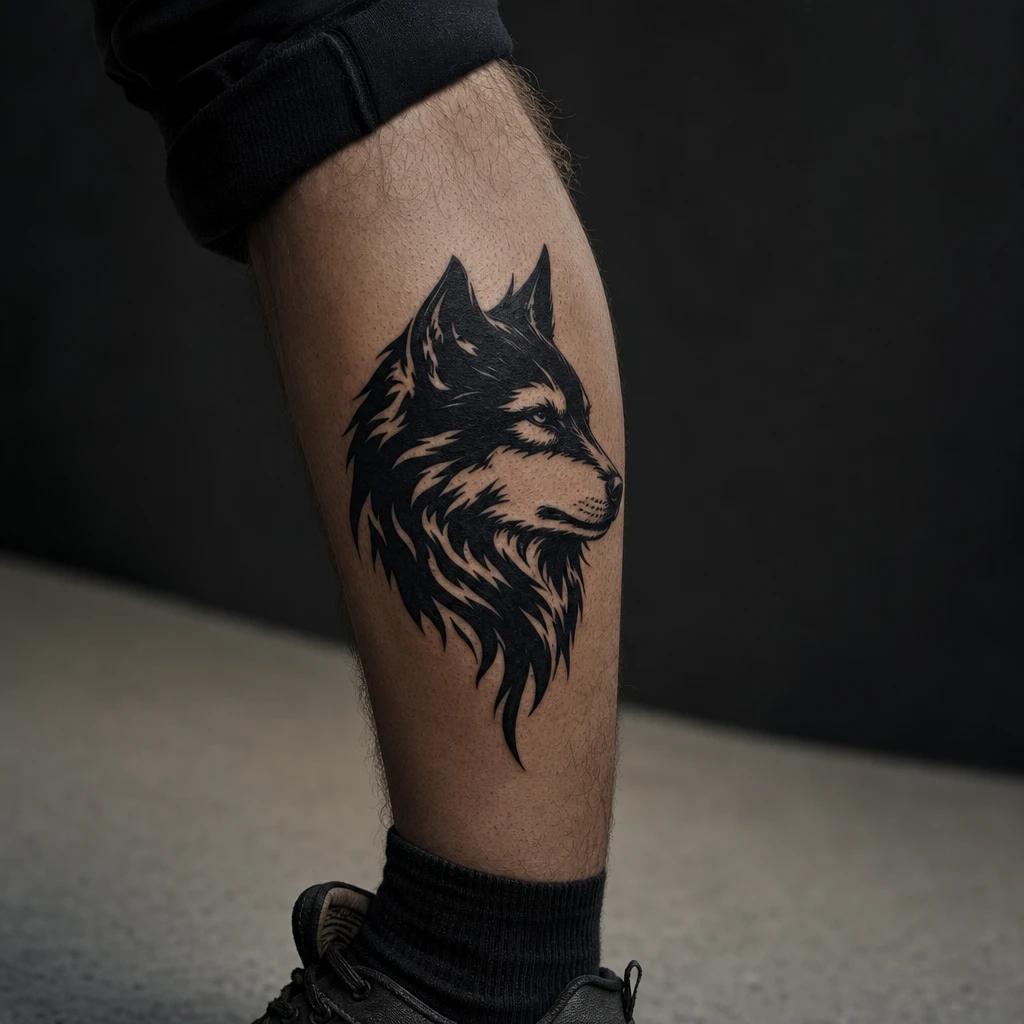 idée tatouage mollet homme loup blackwork