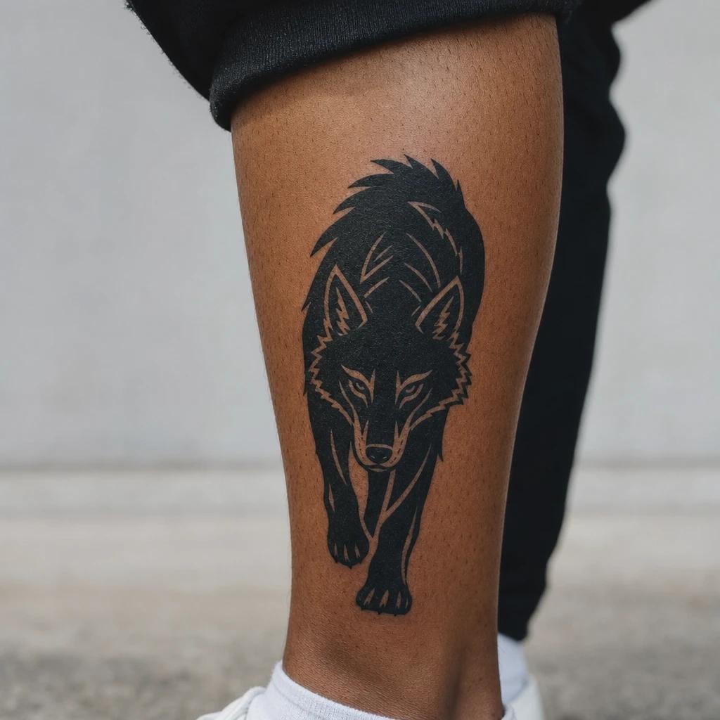 idée tatouage mollet homme loup blackwork