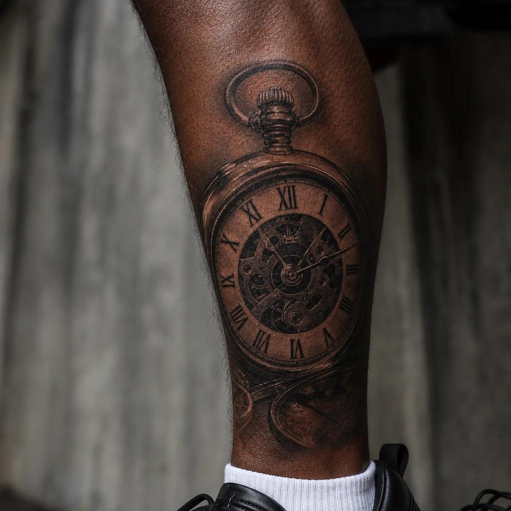 idée tatouage mollet homme horloge réaliste
