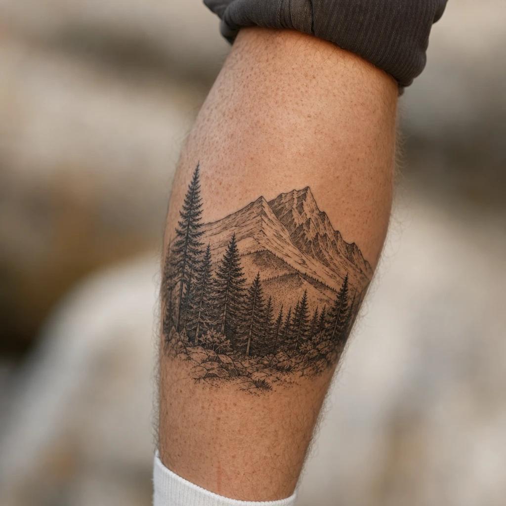 idée tatouage mollet homme montagne et forêt
