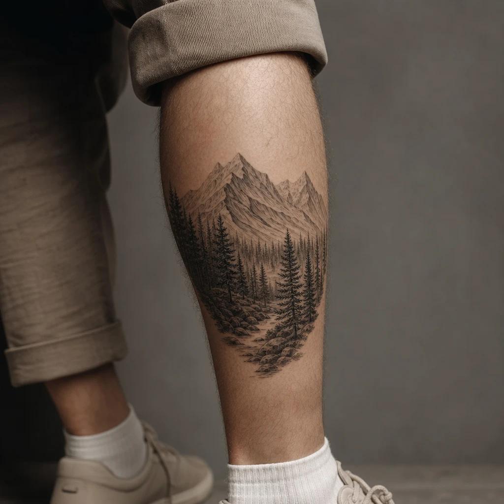 idée tatouage mollet homme montagne et forêt