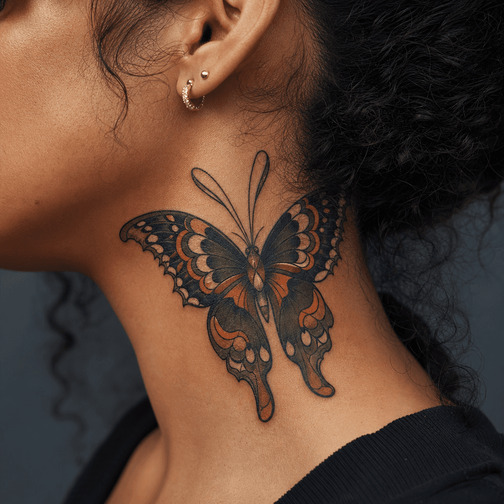 idée tatouage nuque papillon néo-traditionnel