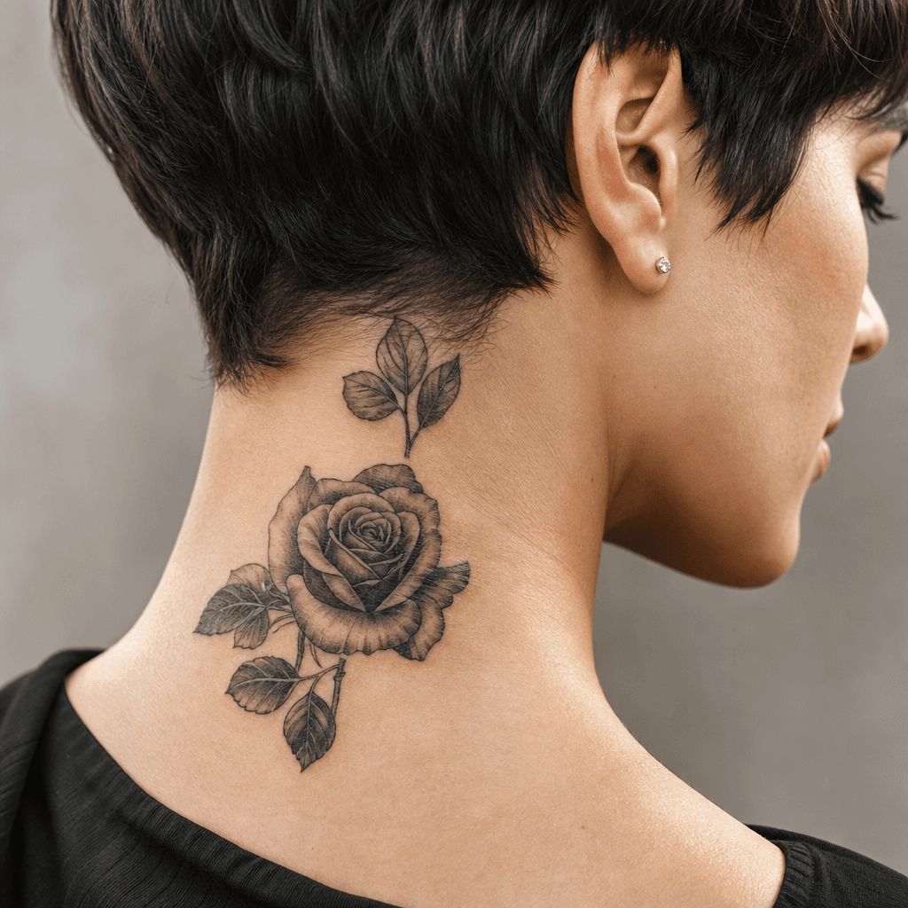 idée tatouage nuque rose réaliste