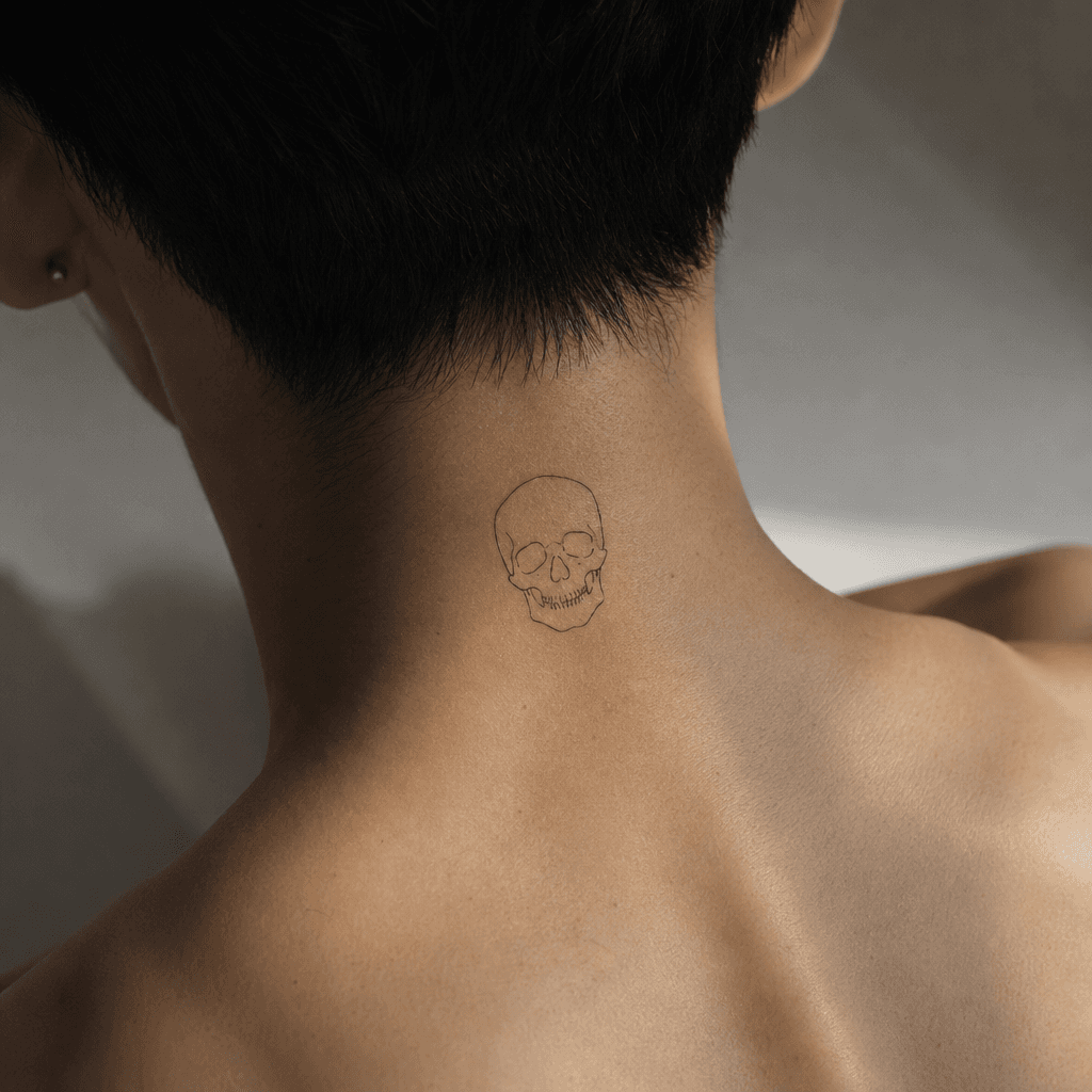 idée tatouage nuque crâne minimaliste