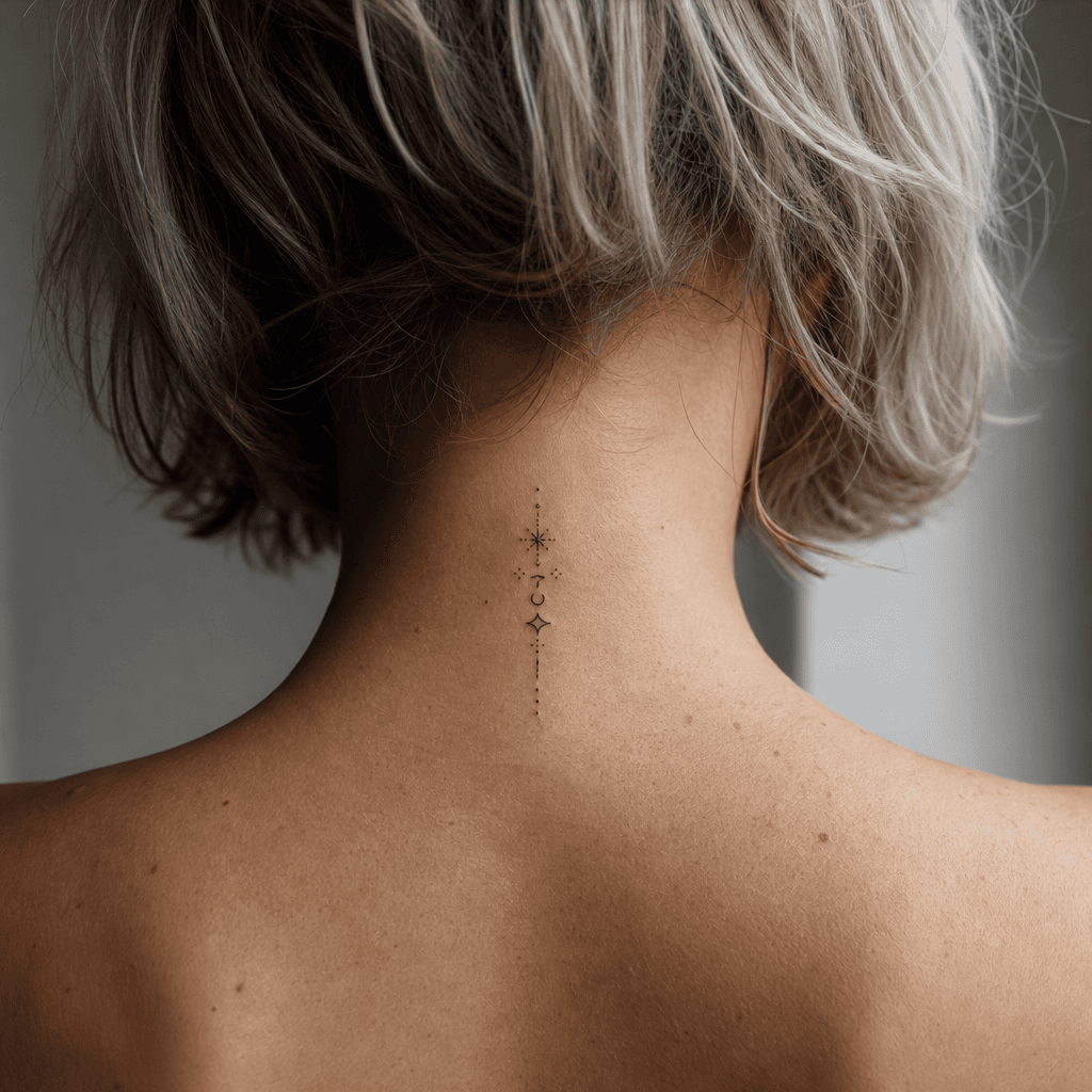 idée tatouage nuque patchwork micro-symboles