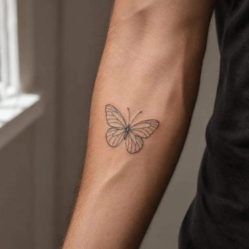 Petit tatouage papillon fine-line au contour fin sur l'avant-bras