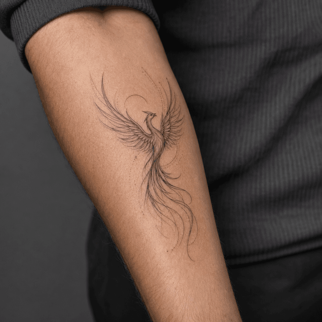 idée tatouage phenix phenix fine line ascendant