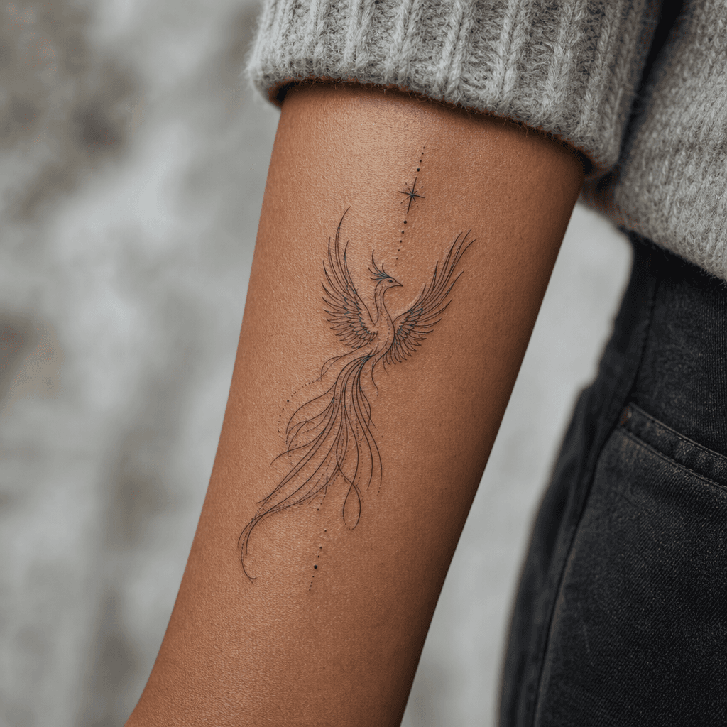 idée tatouage phenix phenix fine line ascendant