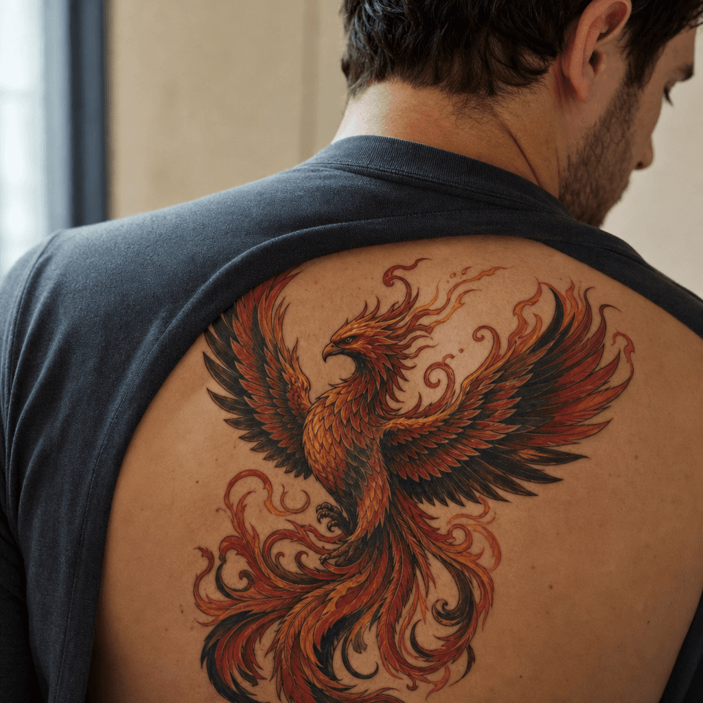 idée tatouage phenix phenix néo-traditionnel flammes