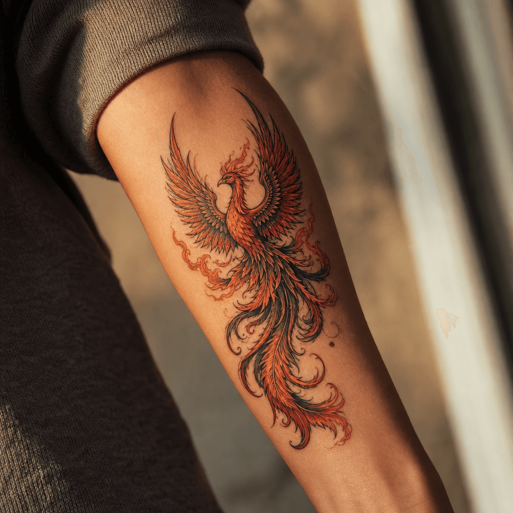 idée tatouage phenix phenix néo-traditionnel flammes
