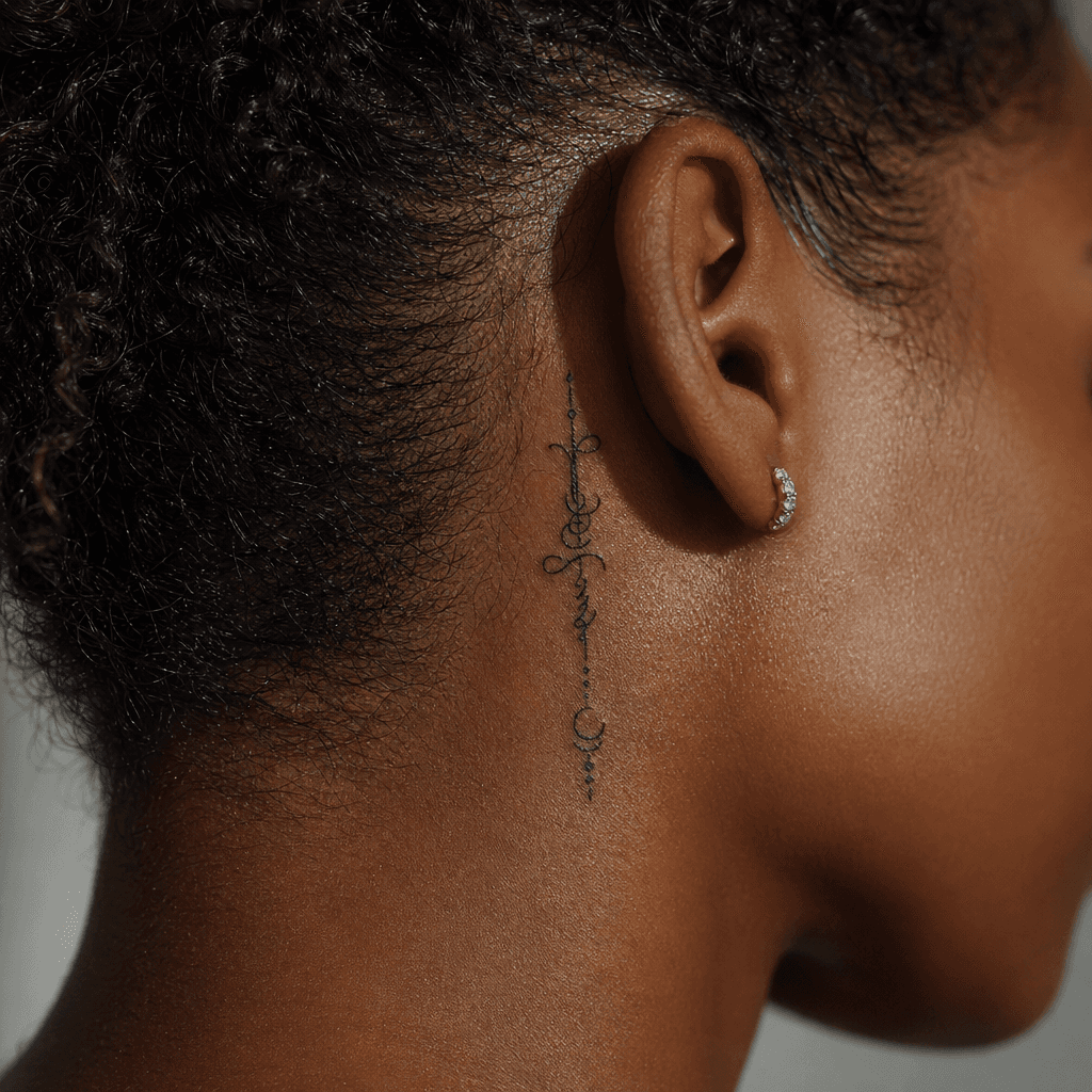 Courte phrase verticale fine-line derrière l'oreille, exemple de premier tatouage discret