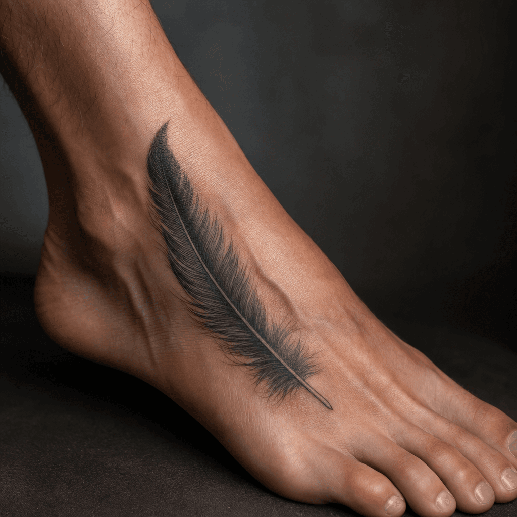 idée tatouage pied plume micro-réaliste