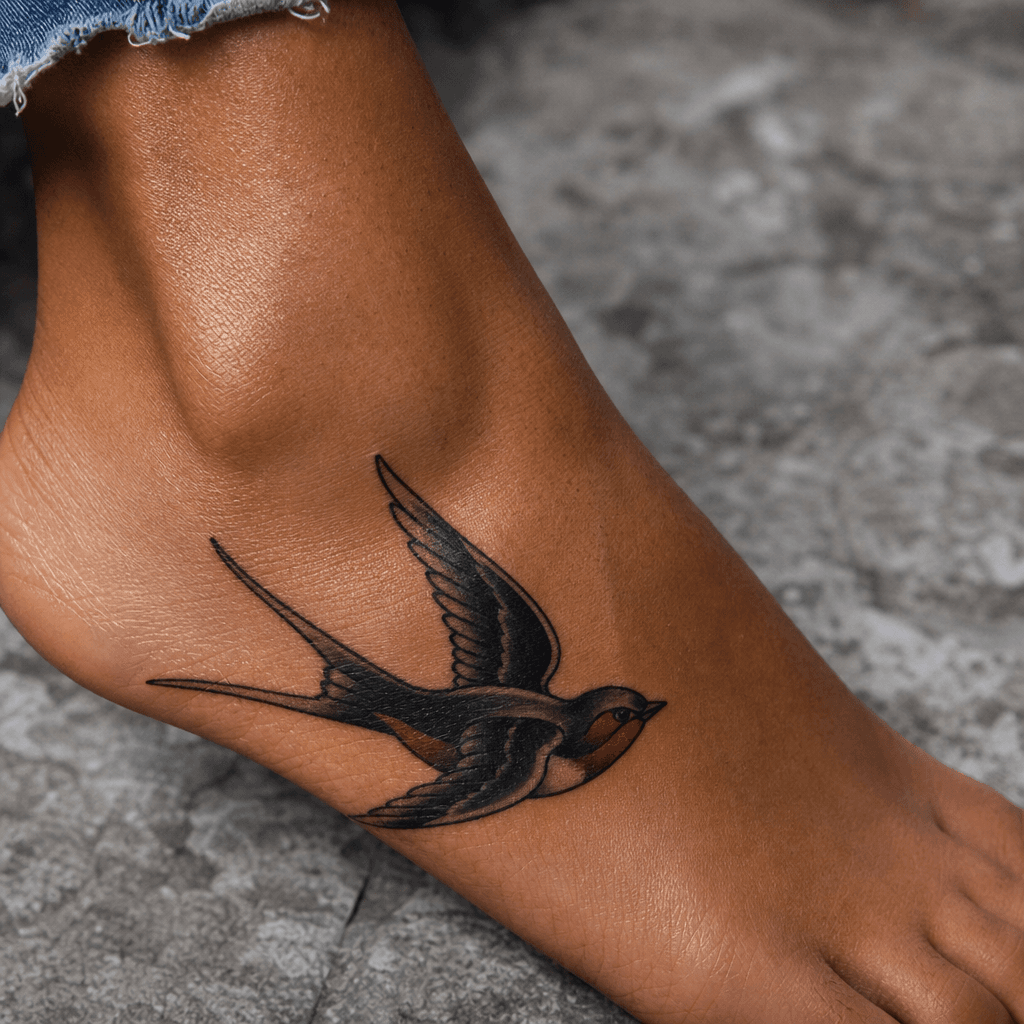 idée tatouage pied hirondelle néo-traditionnelle