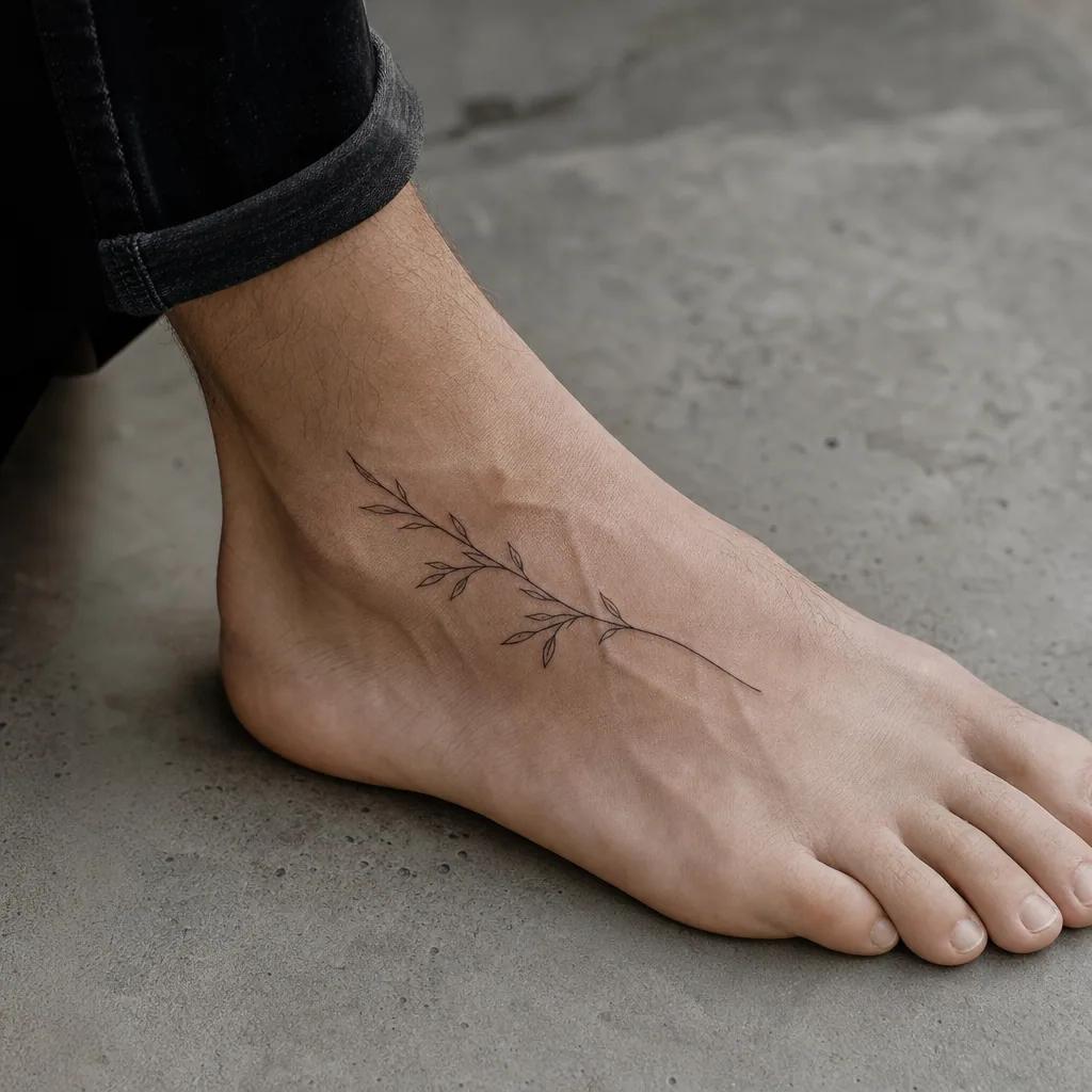 idée tatouage pied branche fine line, photo réaliste sur peau