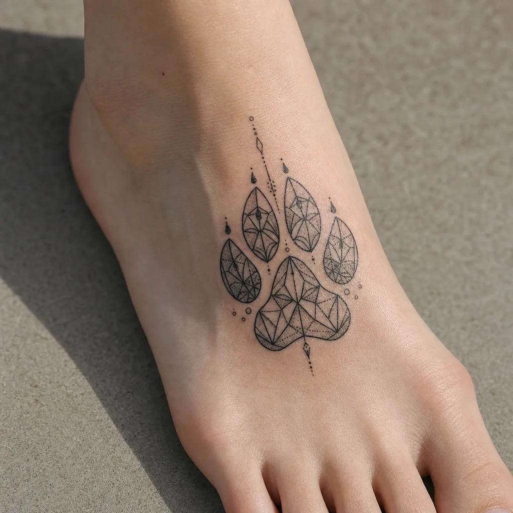 idée tatouage pied patte de loup géométrique, photo réaliste sur peau