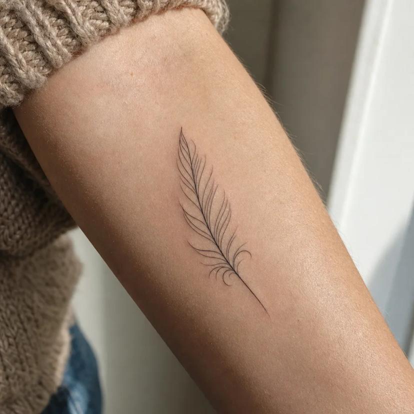 Tatouage plume fine-line au trait très fin sur l'avant-bras d'une femme