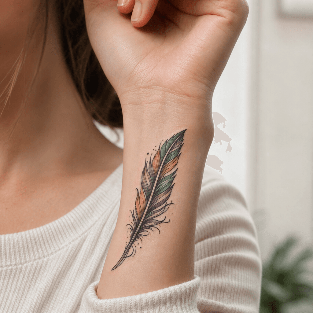idée tatouage plume plume néo-traditionnel colorée