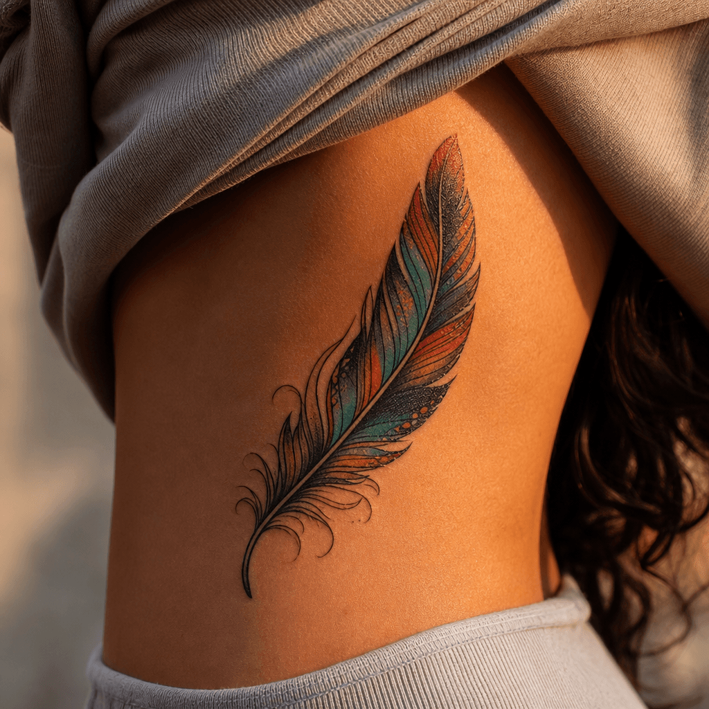 idée tatouage plume plume néo-traditionnel colorée