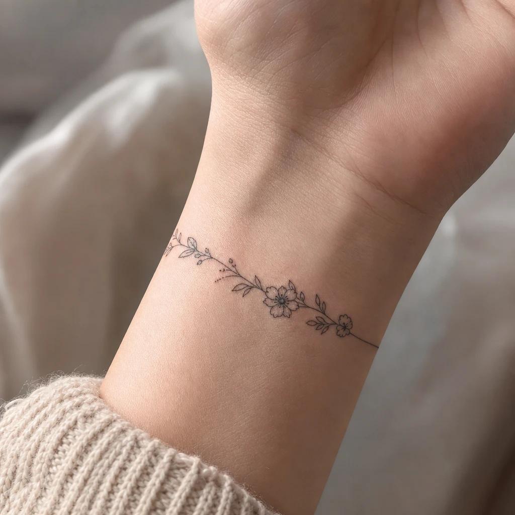 idée tatouage poignet femme bracelet floral fine line