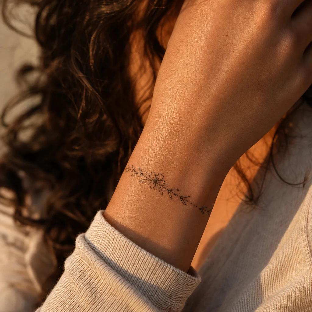 idée tatouage poignet femme bracelet floral fine line