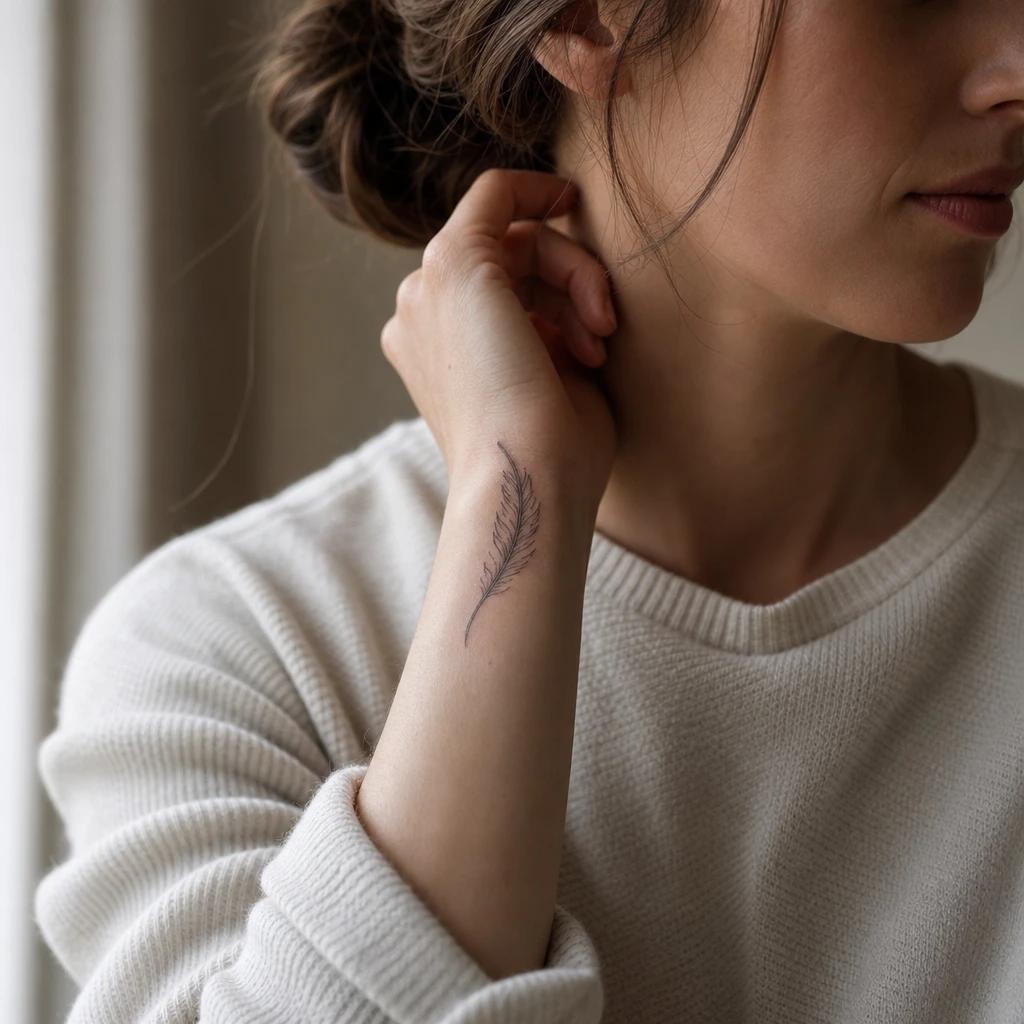 idée tatouage poignet femme plume délicate
