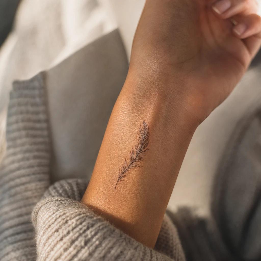 idée tatouage poignet femme plume délicate