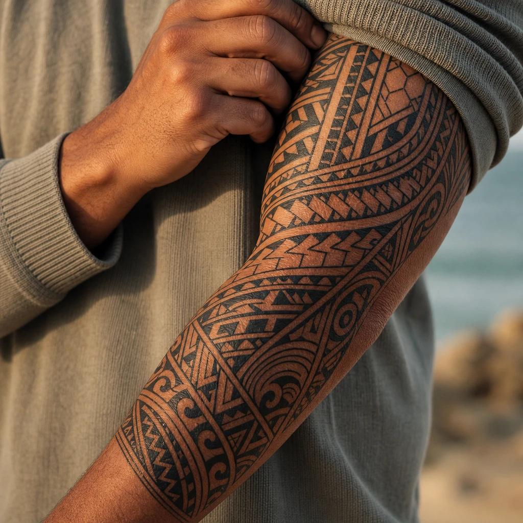 idée tatouage polynésien manchette polynesienne complete, photo réaliste sur peau