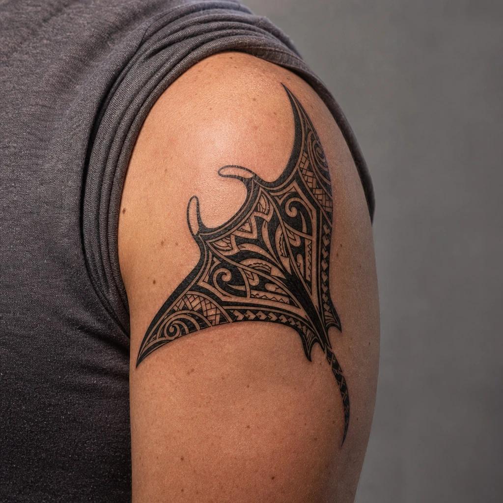 idée tatouage polynésien raie manta stylisee, photo réaliste sur peau