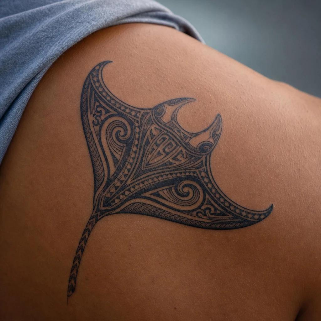 idée tatouage polynésien raie manta stylisee, photo réaliste sur peau