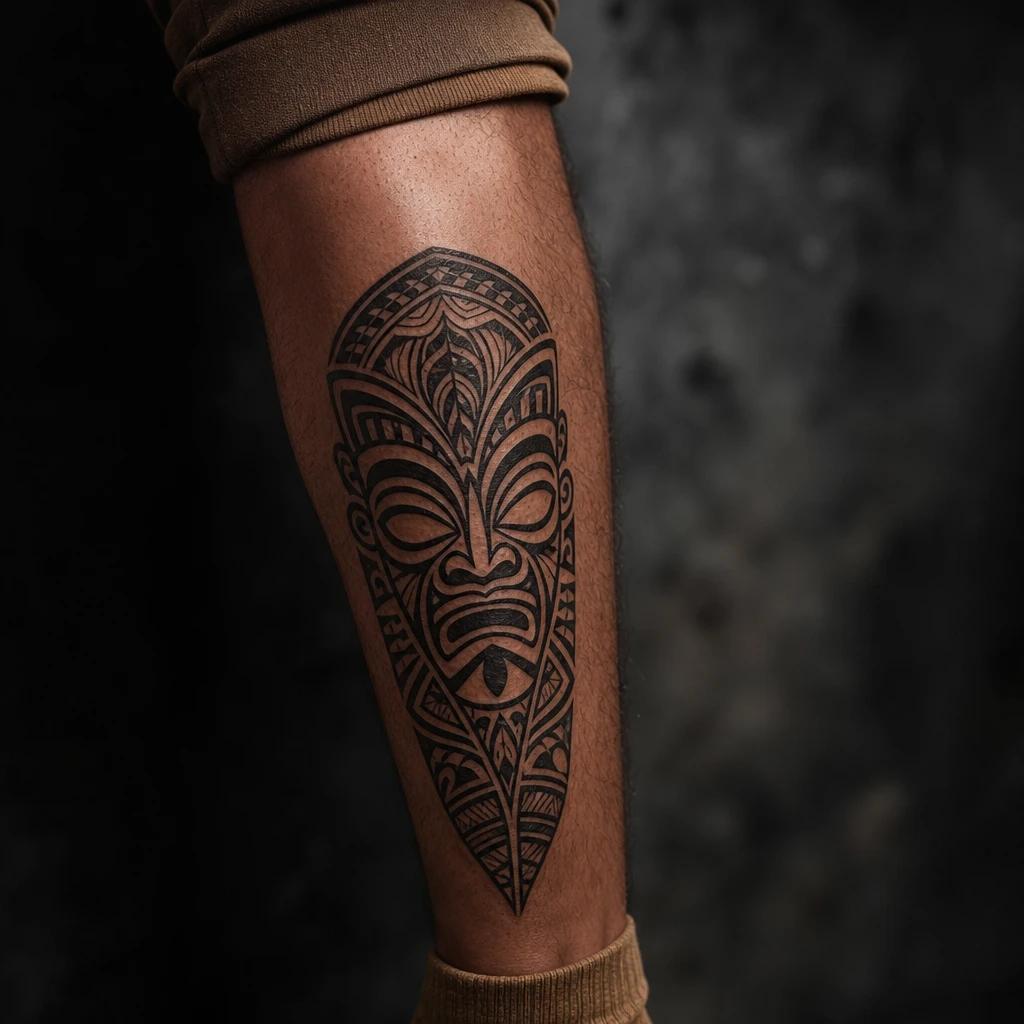 idée tatouage polynésien tiki protecteur, photo réaliste sur peau