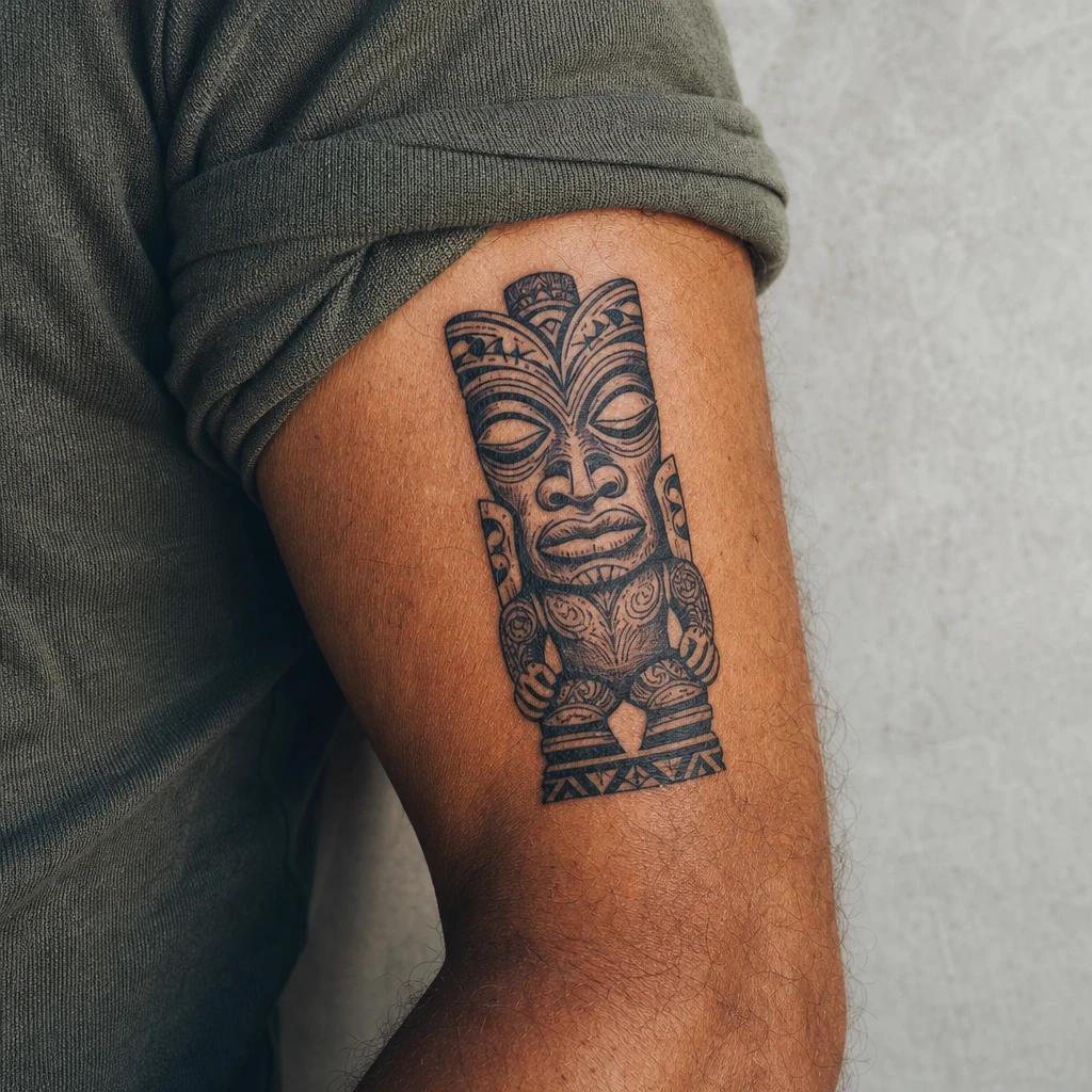 idée tatouage polynésien tiki protecteur, photo réaliste sur peau