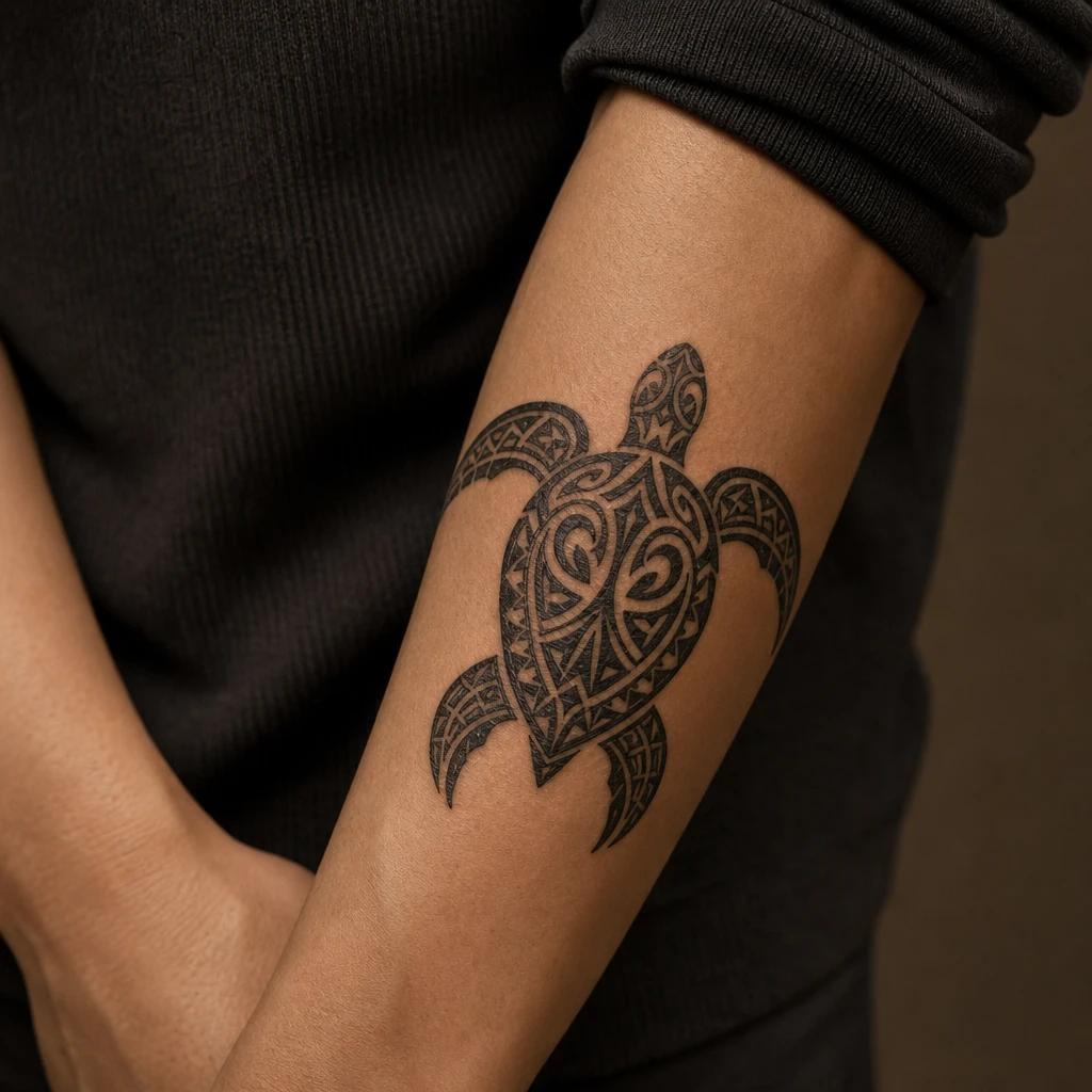 idée tatouage polynésien tortue honu sacree, photo réaliste sur peau