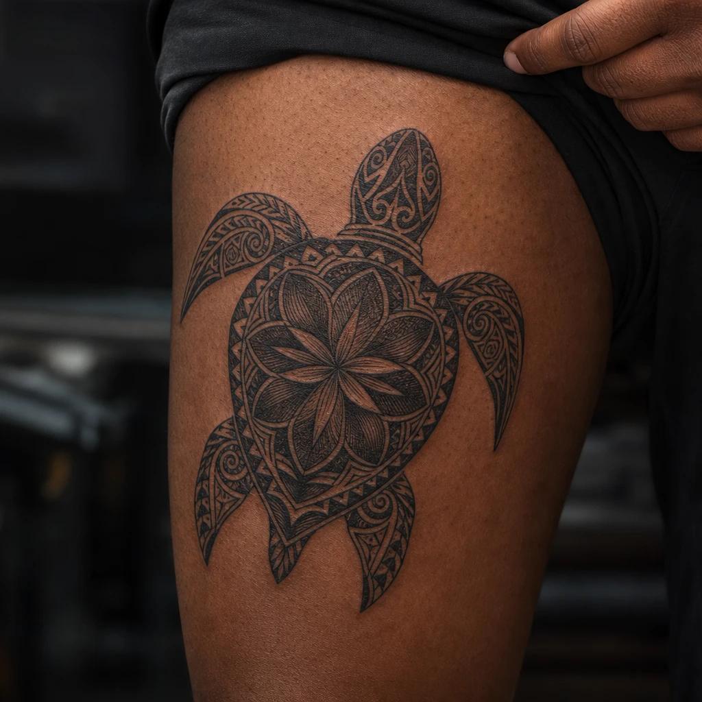 idée tatouage polynésien tortue honu sacree, photo réaliste sur peau