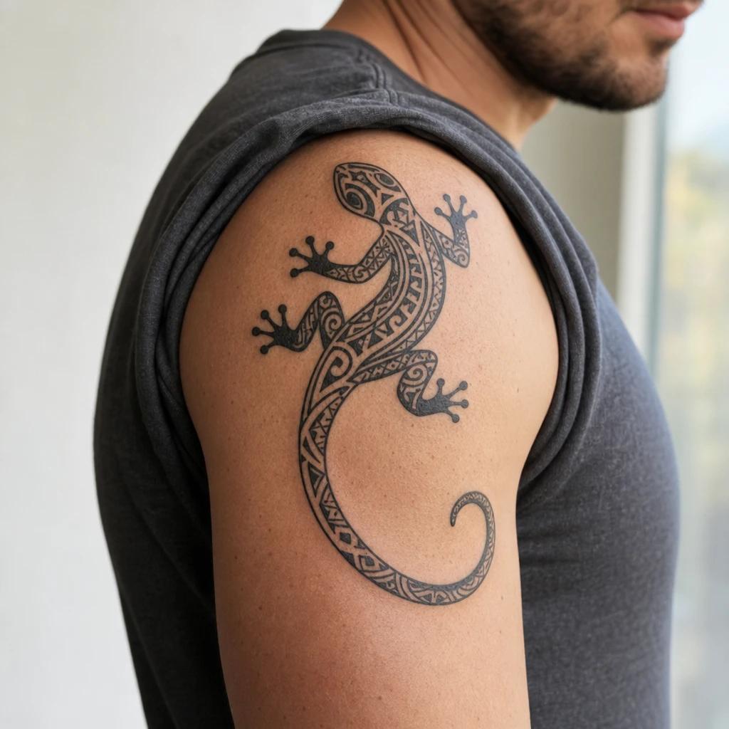 idée tatouage polynésien lezard gecko mo o, photo réaliste sur peau