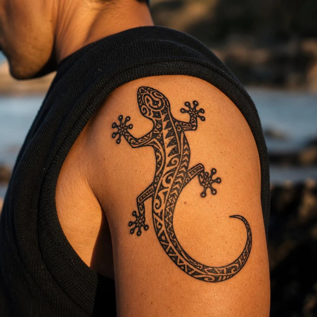 idée tatouage polynésien lezard gecko mo o, photo réaliste sur peau