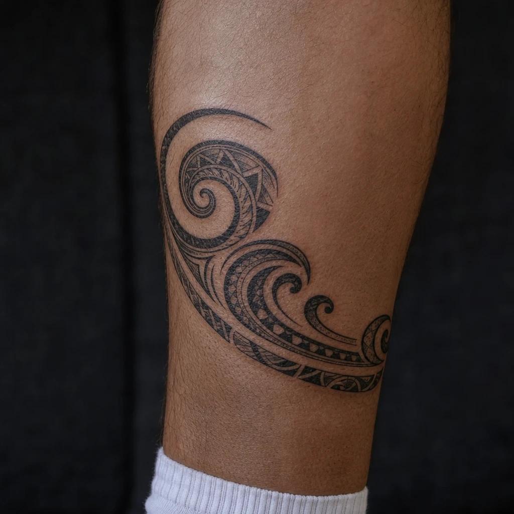 idée tatouage polynésien spirales koru et vagues, photo réaliste sur peau