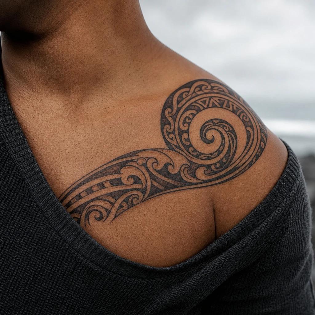 idée tatouage polynésien spirales koru et vagues, photo réaliste sur peau
