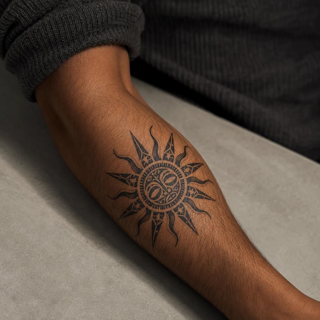 idée tatouage polynésien soleil marquisien, photo réaliste sur peau