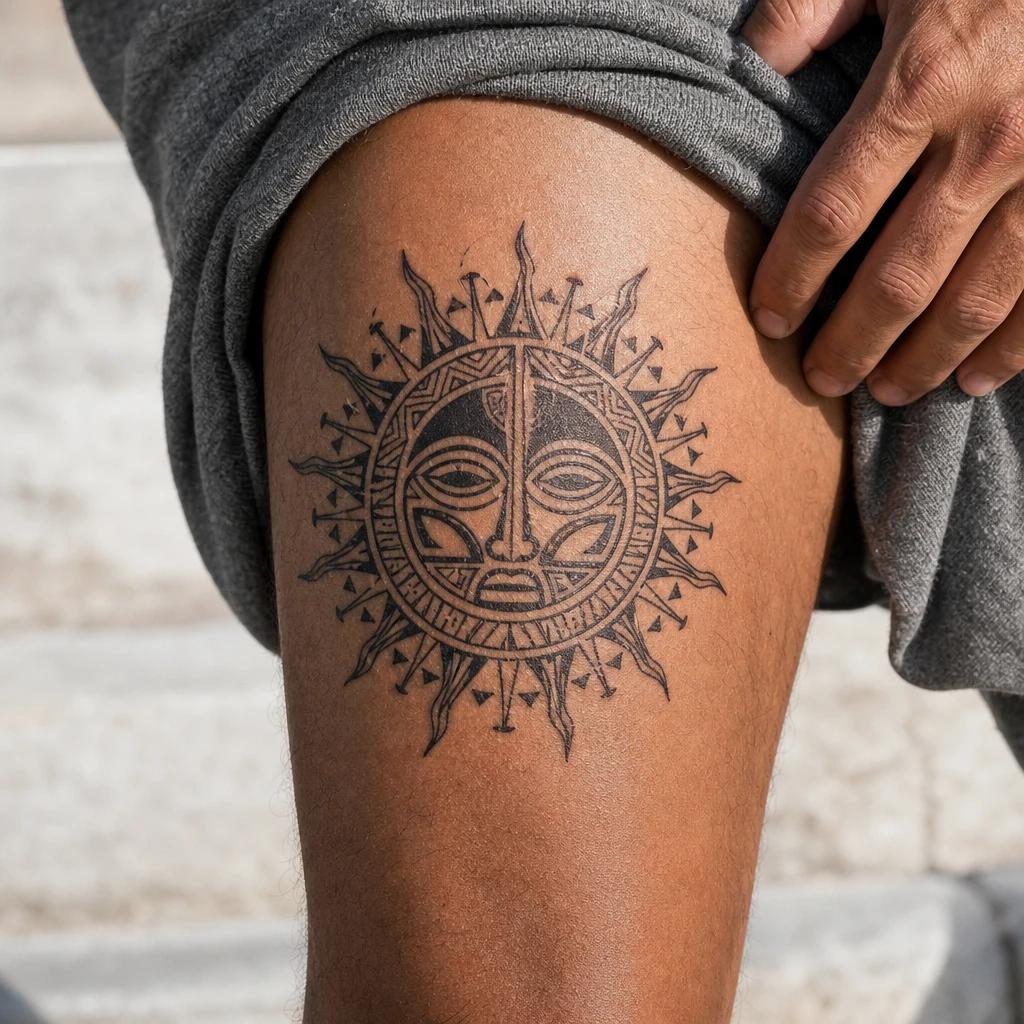 idée tatouage polynésien soleil marquisien, photo réaliste sur peau
