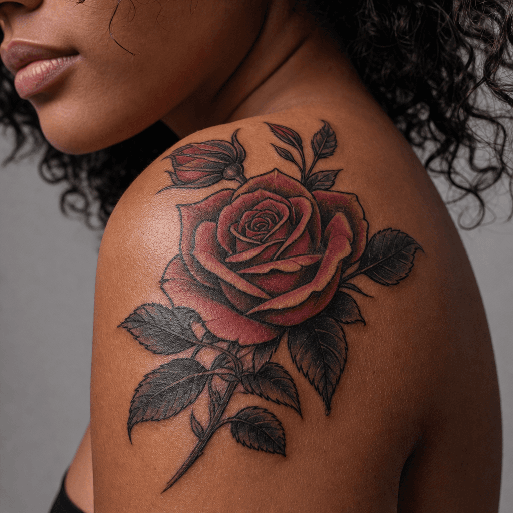 idée tatouage rose rose néo-traditionnelle