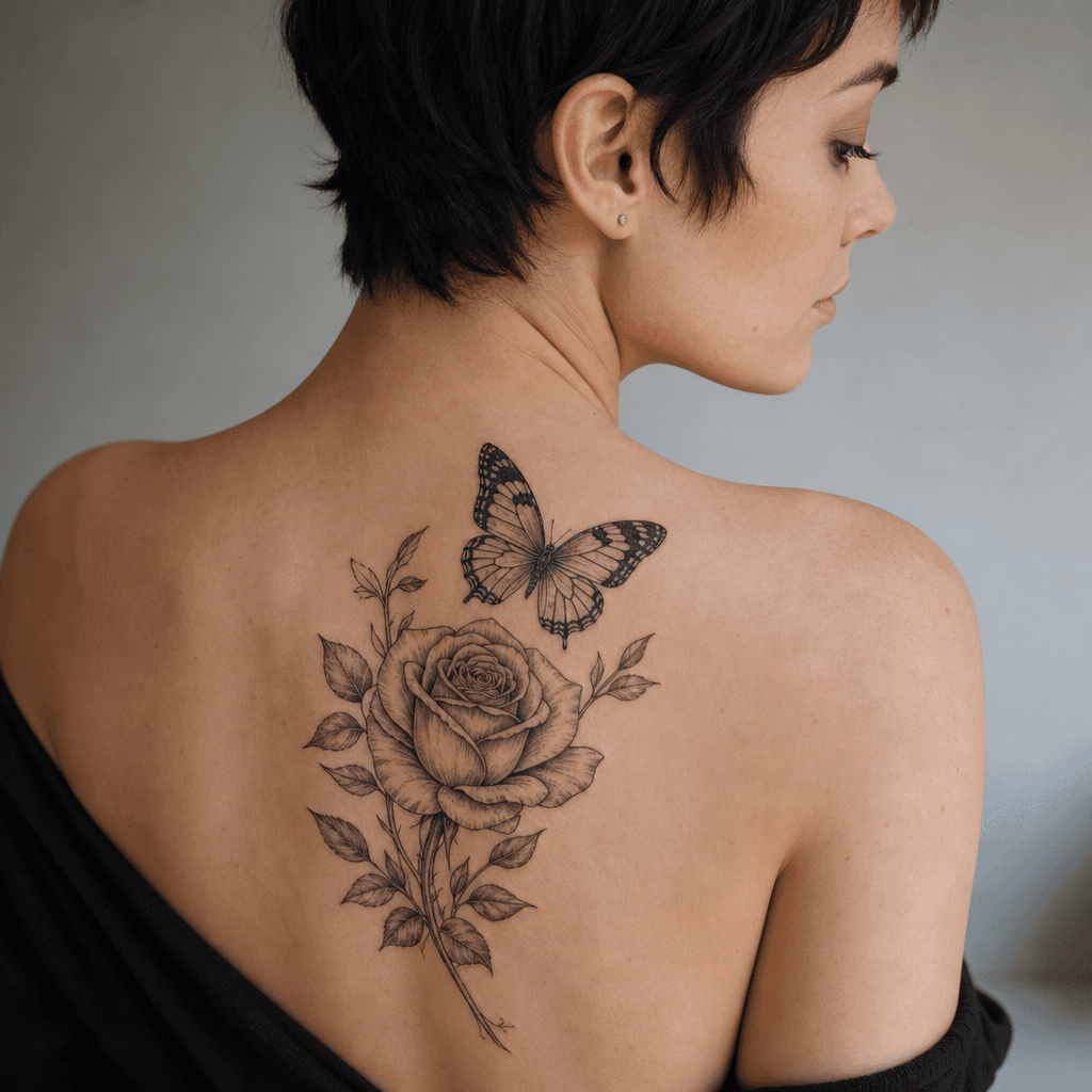 idée tatouage rose rose et papillon