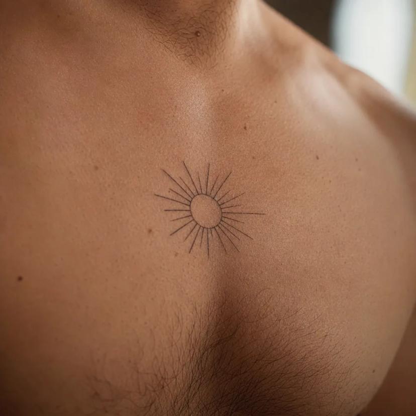 Tatouage soleil minimaliste fine-line aux rayons fins sur le haut de la poitrine d'un homme